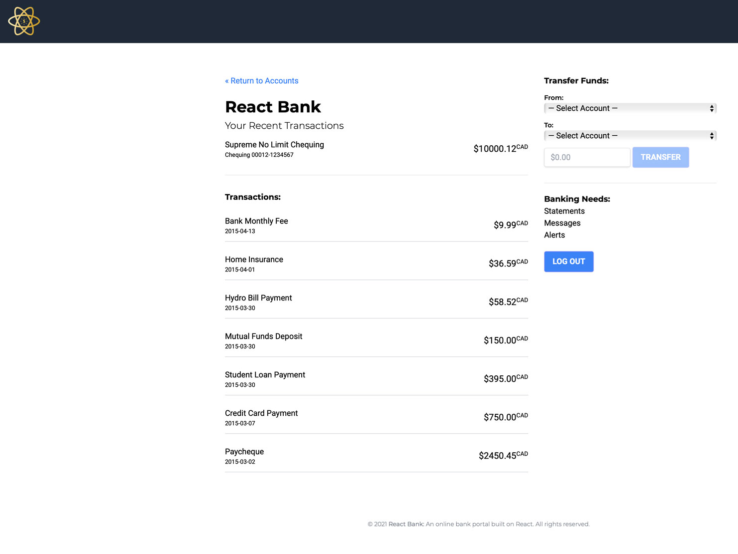 React Bank: An online bank concept built on React JS and Tailwind CSS